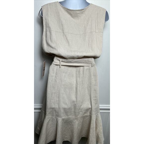 NANETTE LEPORE Womens 12 Tan Belted Fit Flare Dress Sleeveless Linen Blend New - Picture 3 of 10